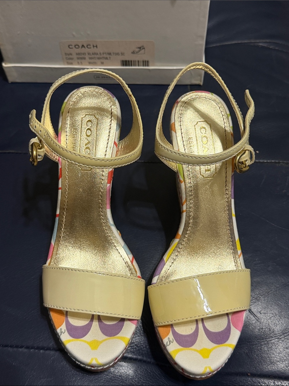 Coach Cream Patent Leather Slingback Sandals with Multicolor Insole